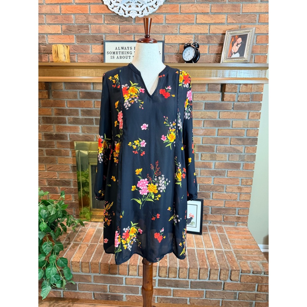 Old Navy Floral Shift Dress Women Black V-Neck Long Sleeve Babydoll M